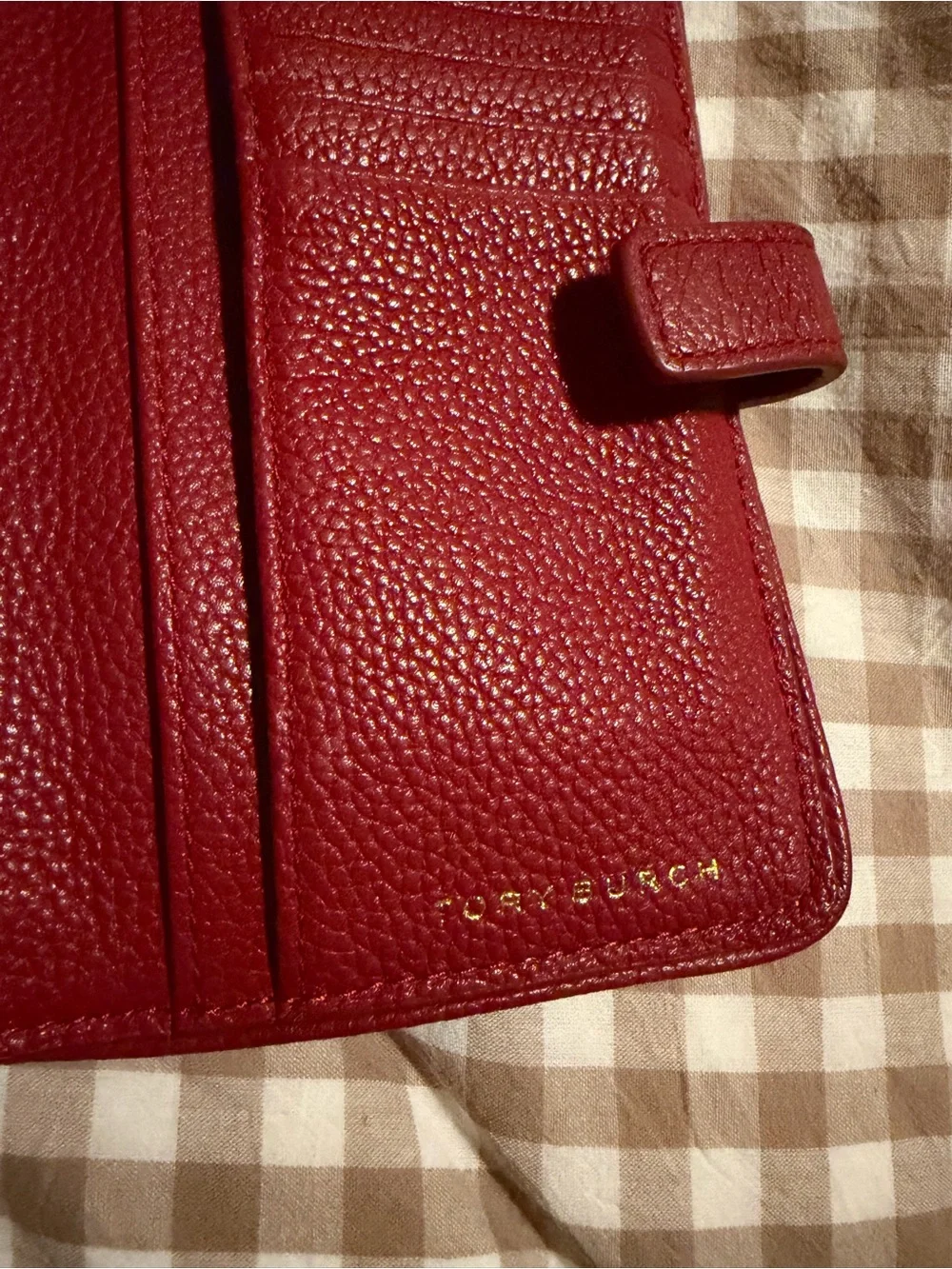 TORY BURCH Red Leather Wristlet with Gold Logo Accent